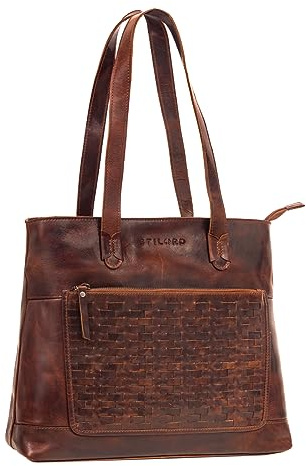STILORD Theresa Shopper Damen Groß Leder Geflochten Schultertasche Vintage Handtasche Echtleder Handtasche Damen Laptop Tasche Farbe:Porto - Cognac