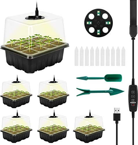 RIOGOO 6er-Pack Samen-Starter-Tablett mit Wachstumslicht, Timing-Samen-Starter-Set mit Einstellbarer Helligkeit und Luftfeuchtigkeit, Gewächshaus-Keimungsset (12 x 6,72 Zellen)