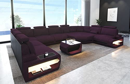 Sofa Dreams Stoff Wohnlandschaft Asti - mit LED Beleuchtung, verstellbare Kopfstützen, Ottomane/Mikrofaser/Ausrichtung wählbar (Große Ecke rechts, Schwarz-Lila)