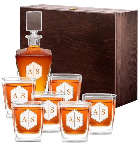 Maverton Pyramid Whiskey Karaffe 800ml + 6er Whiskygläser Set mit Gravur | Whisky Karaffe mit Gläsern 250 ml, personalisiertes Whiskey Set für Männer, für Whiskyliebhaber, Sechseck