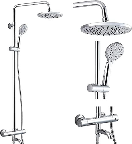 Duschsystem mit Thermostat Regendusche Duschsäule Armatur Duschset überkopfbrause, mit 38℃ Thermostatische Verstellbarer Handbrause Duschkopf mit 3 Strahlarten Shower Dusche