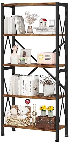 Homeiju Libreria a 5 livelli, libreria in legno, scaffale per libri con telaio in acciaio, scaffale portaoggetti con ripiani aperti, libreria rustica in piedi scaffale a scala 50 kg/mensola per camera