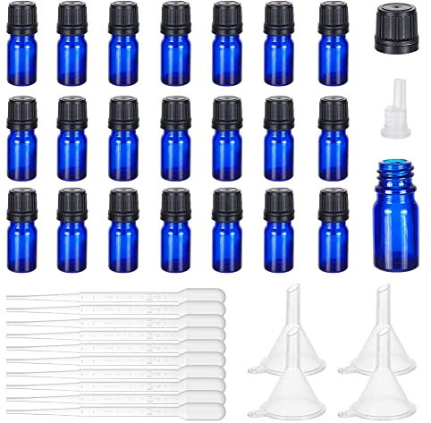 BENECREAT 24 Stück Glasflaschen Für Ätherische Öle 5 ml/0.17 fl. Oz Blue-Flasche Für Ätherische Öle Mit 10 Tropfer Und 4 Trichtern, Ätherische Öl-Balsamöl-Flasche Für Aromatherapie-Duftöl