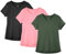 icyzone Lot de 3 T-Shirts de Sport à Manches Courtes et Col en V pour Femme, T-Shirts pour Yoga Course (XXL, Noir Uni/Rose Pâle/Vert Foncé)