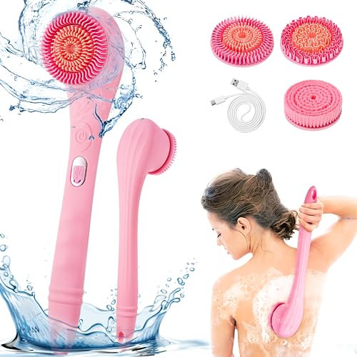 CestMall Electric Body Brush, Rechargeable Scrubber Shower Brush with Long Handle & 3 Cleaning Heads, 2 Speeds Waterproof Bathing Back Skin Cleaning Brush for Men Women Massage Exfoliating
