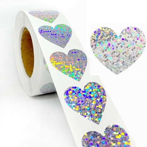 500 Stück Silber Stern aufkleber, Glitzer Sticker Rolle 2.5cm Stern Aufkleber Belohnungsaufkleber Zum Basteln FüR Klassenzimmer Lehrer ZubehöR (Silber Herz)