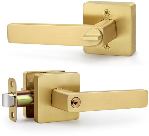 LOQRON Maniglia per porta d'ingresso con chiave quadrata, resistente, con chiavi e serratura per porta d'ingresso, maniglia reversibile per destra/sinistra con finitura in ottone satinato