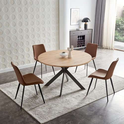 Zerifevni 117,9 cm rundes Esstisch-Set, Mitte des Jahrhunderts, moderner runder Esstisch für 4–6 Personen, mit Stahlbeinen, Couchtisch für Küche, Esszimmer, Büro, platzsparend, 1 Tisch mit 4 braunen