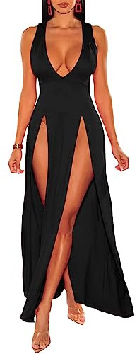 LLECDASEUI Women's Summer 2024 Sexy Double High Slit Deep V Neck Plus Size Sundresses Thigh Split Maxi Club Party Dresses (Black,XL)