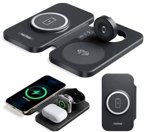 WSKEN 3 in 1 Wireless Charging Station, Foldable Multi Angle Fast Magsafe Wireless Charger Stand for All Devices,iPhone 16 Pro Max/15, Samsung Galaxy S25 Ultra/Z Fold Flip 6,Apple Watch, AirPods
