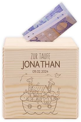 LAUBLUST Kinder Spardose Personalisiert mit Namen - Arche Noah | Sparschwein aus Holz - Personalisierte Geschenke zur Taufe, Kommunion, Konfirmation, Geburtstag | Taufgeschenke für Mädchen & Jungen