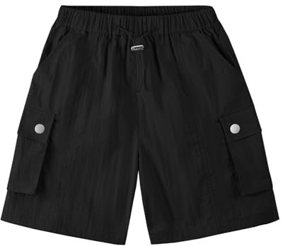 Rolanko Mädchen Sports Kurze Hose Kinder Sommer Midi Länge Cargo Fallschirm Shorts für Teen Laufen Gymnastik, Schwarz, Größe: 11-12 Jahre/160