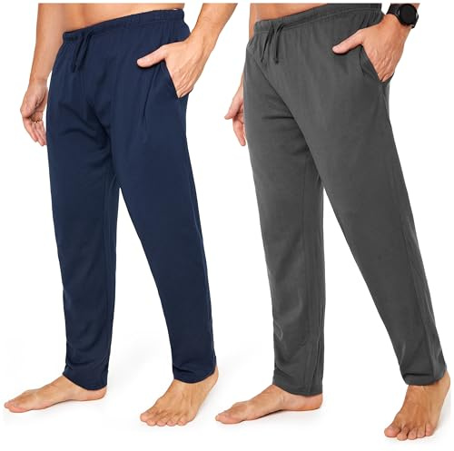 CityComfort Mens Pyjama Bottoms - Jersey Lounge Pants with Pockets, Pack of 2 (M, Navy/Grey, Drawstring Waist)