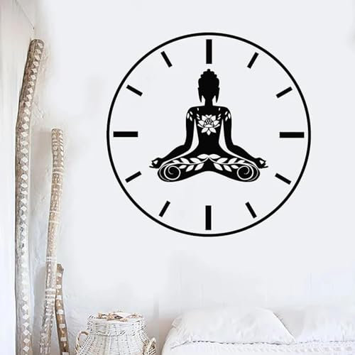 YYZOVBNN Kreative Uhr Lotus Meditation Pose Zen Blume Vinyl Fensteraufkleber Yoga Zeit Wandtattoo Yoga Studio Dekoration Wandbild，28x28cm