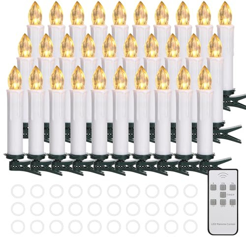 Cibnew Christbaumkerzen Kabellos Weihnachtskerzen Outdoor LED Kerzen mit Fernbedienung,Timer-Funktion Warmweiß Wasserdichte Dimmbar für Weihnachtsbaum,Geburtstags,Party (30er Weiß)