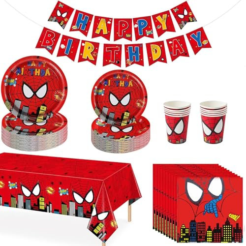 Sptdey Anniversaire Vaisselle, Decoration Anniversaire Kit, Vaisselle de fête d'anniversaire pour 10 personnes (Rouge-2)