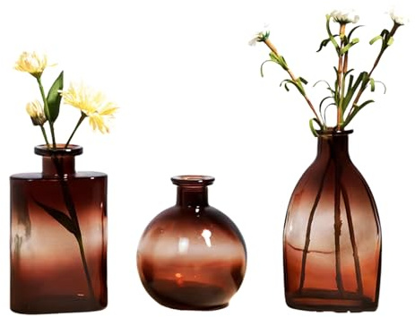 KMERCE Blumenvasen aus Glas, kleine Vase, braun, dekorativ, modern, Dekoration für Tischmitte, Hochzeit, Champagner, Boheme, Taufe, Geburtstag, Muttertagsgeschenk, 3 Stück