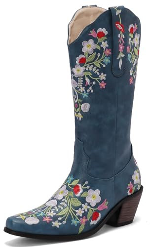 Asterisco Stivali Alti Al Ginocchio da Donna con Tacco Largo Ricamate Tacco Medio Stivali Appuntito Zip Stivali da Cowboy, Q108053Xf Blu Numero 38 EU/39Cn