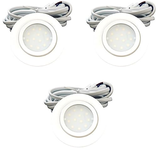 Rolux IP44 Möbel Einbauleuchte Leni 12V flach 3 x 2W LED-Einbaustrahler 55mm Lochausschnitt 160lm Weiß inkl. Kabel mit AMP Stecker 3000K Warmweiß