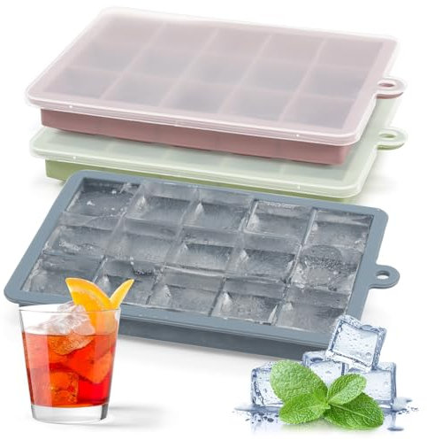 Silicone Ice Cube Tray with Lid, 3 Pack Flexible Ice Cube Moulds Set, 15 Ice Cub Per Tray for Freezer, Water, Baby Food, Whiskey, Cocktail and Drink, Easy Release, BPA Free (Pink, Blue,Green)