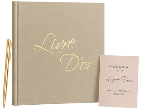 Livre d'Or en Lin Beige, 21x21 cm, 100 Pages Blanches, avec Stylo et Affiche, pour Mariage, Anniversaire, Baptême