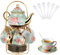 Juego de té de cerámica con soporte de metal, 20 piezas de porcelana con diseño de flores vintage, juego de té para 6 personas, taza de cerámica de 160 ml, tetera de 700 ml, para fiestas