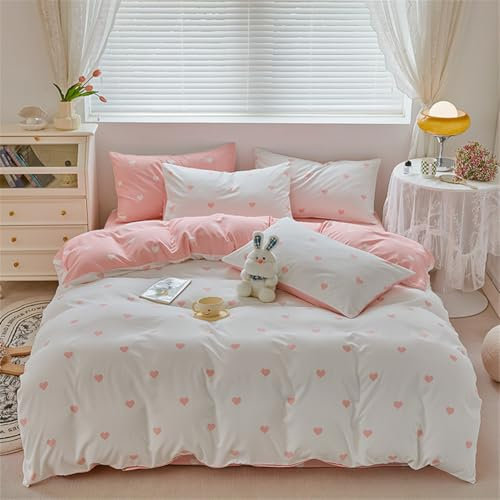 ZBOOM Herz Bettwäsche 155x220 Rosa Weiß Herzen Bettbezug Kinder Mädchen Mikrofaser Herzmuster Wendebettwäsche Set mit Reißverschluss und Kissenbezug 80x80cm