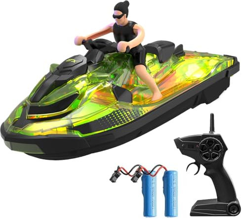 OBEST Barco teledirigido de 2,4 GHz, juguete para niños con luces LED y muñecas, 2 baterías, para piscinas y lagos