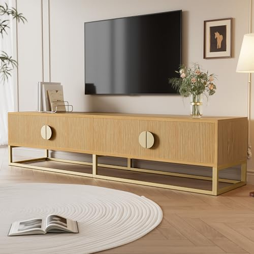 Rosebibi Mobile TV da 180 cm con venature in legno – moderno armadio per sala da pranzo, 4 ante, maniglie semicircolari