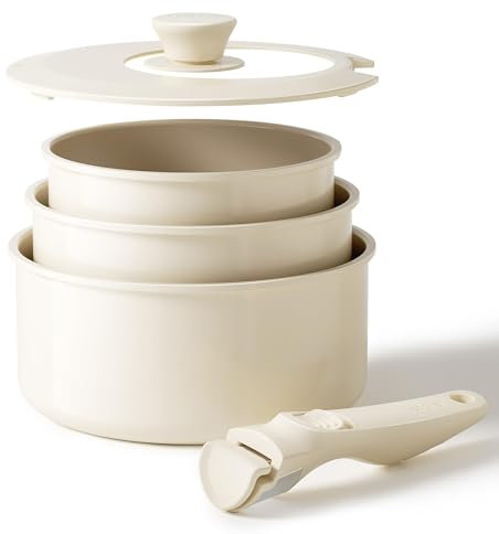 Redchef 5PCS Saucepan Set with Removable Handles, Non-Stick Ceramic Saucepan Set 16/18/20cm with 3-in-1 Lid, Compatible with All Cooktops, PFAS PFOA & PTFE Free(Beige)