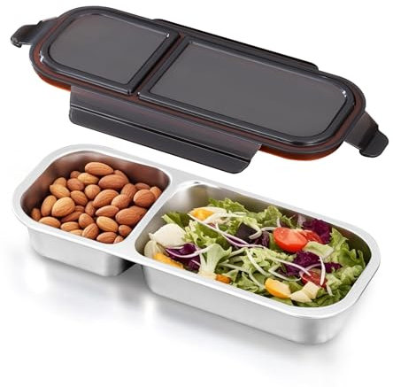 Ugotit Brotdose Edelstahl mit 2 luftdichten Fächern für Snacks und Mahlzeiten, Lunchbox aus Edelstahl, auslaufsicher, Lunchbox, Kimchi Behälter (Schwarz, 700 ml)