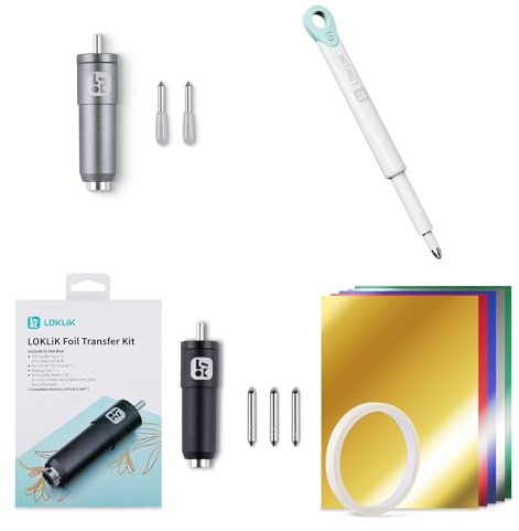 LOKLiK iCraft Tools Transfer-Set + Rillenstift + tiefe Klinge – enthält 3 Blattspitzen, 20 Metallblätter, Eingabestift zum Falten von Papier, 60°-Klinge