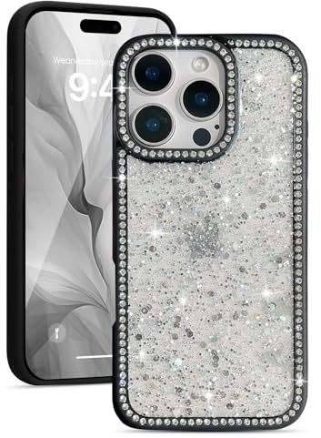 EYZUTAK for iPhone 14 Pro Max Case, Luxury Bling Shiny Glitter Sequin Phone Case with Sparkly Crystal Diamonds Rhinestone Border Aesthetic Cute Slim Soft Durable TPU Protective Cover for Women-Black