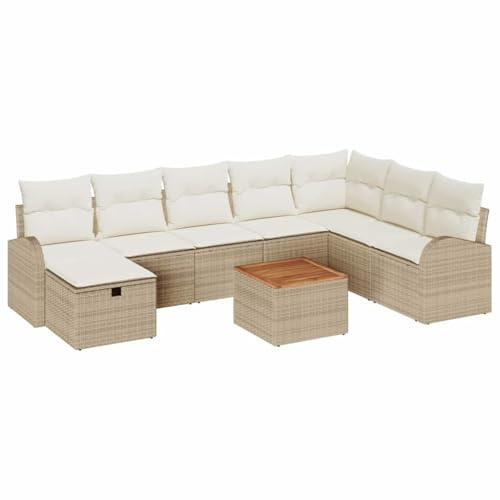 vidaXL Garten-Sofa-Set mit Kissen mit Speicher 9 pcs Beige Poly Rattan, Garten und Terrasse, modernes modulares, verstellbares Außenset, Loungemöbel für komfortable Abende!