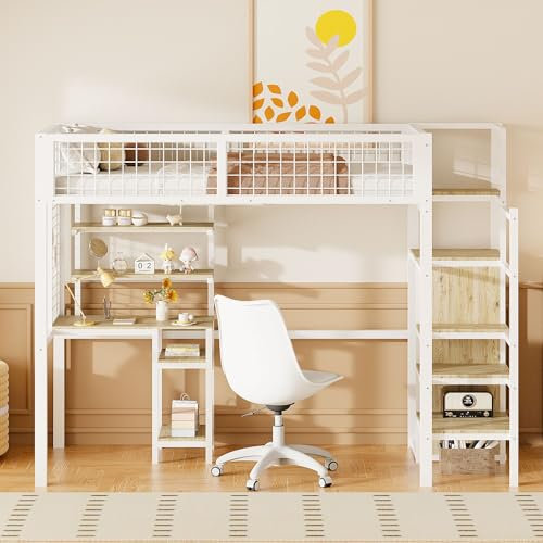 Letto a soppalco 90 x 200 cm, con robusta struttura in metallo di colore bianco, con scrivania integrata e armadio, design salvaspazio con scala di sicurezza e bordo a griglia