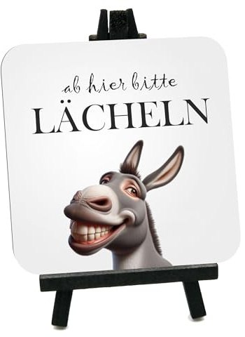 Homeyourself Dekoschild Holzschild 10,5 x 10,5 cm mit Staffelei 15 cm zum hinstellen, Lustiger Esel-Motiv Spruch 'Ab hier bitte lächeln' Geschenk