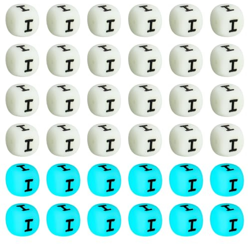 WEWAYSMILE Lot de 40 perles de l'alphabet en silicone de 12 mm pour la fabrication de porte-clés, perles lumineuses en silicone avec lettres carrées, pour colliers, bijoux, cordons (blanc I)