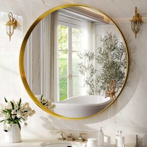 ZenoMirris runder Wandspiegel, 120 cm, mit tiefem Rahmen, geeignet für Badezimmer, Wohnzimmer, Schlafzimmer, Gold