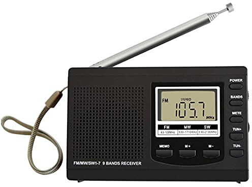 FM/MW/SW Récepteur Radio Portable avec Prise bruyante et Jack Casque, Radio 12 / 24h Time Display 9 Band Numérique Radio, rétroéclairage, Alarme ascendante, Noir