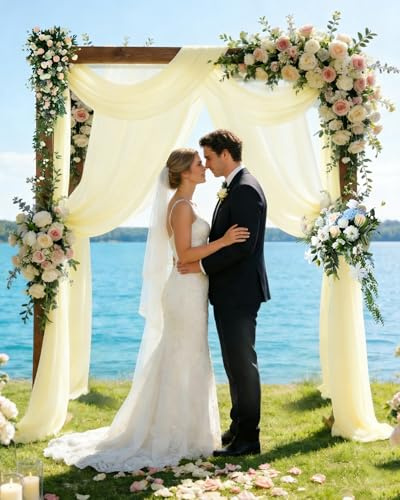 ugaxhome 2 Stück 75x600cm Hochzeit Vorhang Chiffon-Stoff Hochzeitsbogen Traubogen Vorhang Querbehang Hochzeits Hintergrund Volant Vorhäng Hängender Effekt für Hochzeit Fotografie Torbogen(Hellgelb)