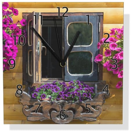 Wallario Design Wanduhr Fenster mit Blütenpracht aus Aluverbund, Alu-Uhr Größe 30 x 30 cm, Schwarze Zeiger mit Metalloptik