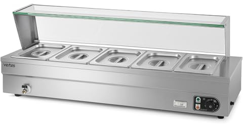 VERTES Speisenwärmer Buffetwärmer Wärmebehälter Für Speisen Elektrisch 1500W aus Edelstahl (Inkl 5x 1/2 GN Behälter mit Deckel, 10L, Ablasshahn, Glas Abdeckung, Bain Marie Wasserbad, 30-85°C)