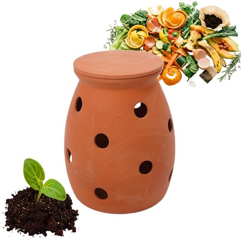 Relaxdays Composteur à vers à enterrer, 5 L, HxØ 26 x 22 cm, Couvercle, Terre Cuite, Jardin & Potager