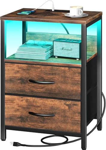 SONGMICS Nachttisch, mit Steckdose, LED-Beleuchtung, 2 Schubladen | Nachtkommode, Beistelltisch, 39,6 x 30 x 60,4 cm, für Schlafzimmer, Vintagebraun-Schwarz, BELLAH Kollektion LGS302KD01