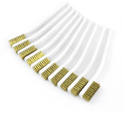 sourcing map Cepillo de alambre de cerdas de latón con mango de plástico blanco de 6,9 de longitud de 10 piezas