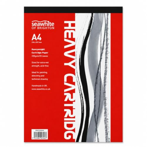 Seawhite of Brighton A4 All-Media Heavy Cartridge Pad, 220gsm, 25 Sheets | Heavyweight acid-free paper. Glued pad. For sketching, drawing and painting, artists and students.