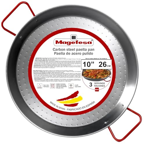 MAGEFESA Carbon - Paella pan 10,5 in - 26 cm and 2 Servings, Made in Carbon Steel, with Dimples for Greater Resistance and Lightness, Ideal for Cooking Outdoors, Cook Your own Valencian Paella
