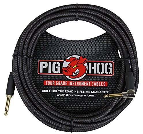 Pig Hog - PCH20BKR PC-H20BKR Right-Angle 1/4 to 1/4 Black Woven Guitar Instrument Cable, 20 Feet