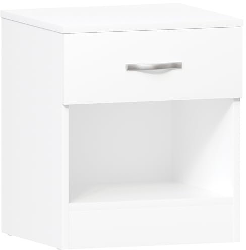Vida Designs Nachttisch, weiß, 1 Schublade mit Metallgriffen und -schienen, einzigartige Schubladenunterstützung gegen Verbiegen, Schlafzimmer-Möbel Riano, 47 x 40 x 36 cm