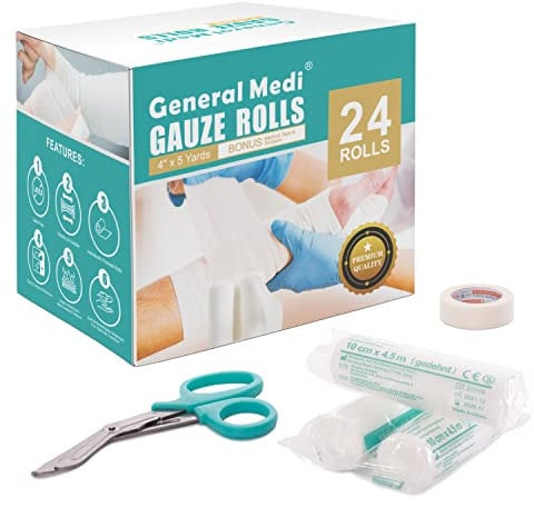 General Medi 24 pcs Rouleaux de Pansement de Gaze (10 cm * 4,5 m) de Gaze de qualité médicale roulée Bandage de Premiers Soins Les plaies en Coton plié